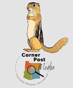 Squirrel on top of Corner Post logo with gray background