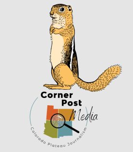 Squirrel on top of Corner Post logo with gray background
